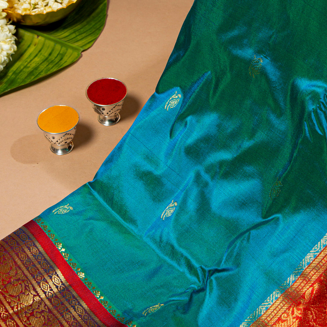 Kuberan Dark Turquoise Blue With Red 9 Yards Silk Saree