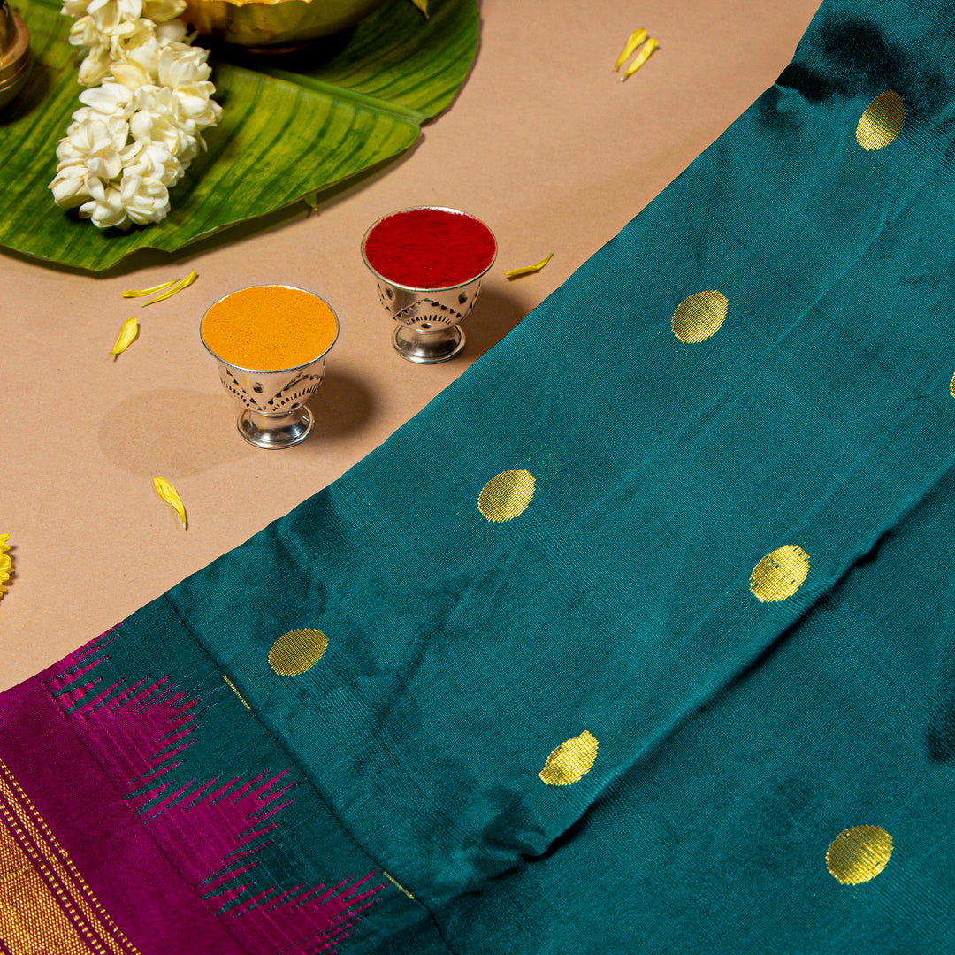 Kuberan Deep Teal With Plum Velvet 9 Yards Silk Saree