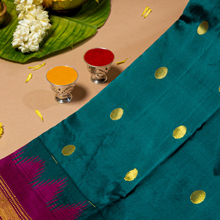 Kuberan Deep Teal With Plum Velvet 9 Yards Silk Saree