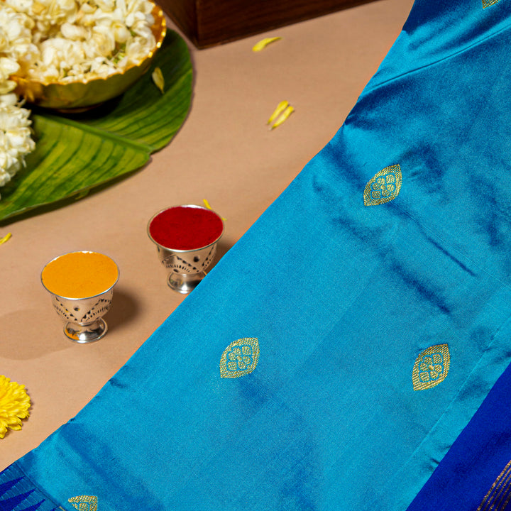 Kuberan Sky Blue With Navy Blue 9 Yards Silk Saree