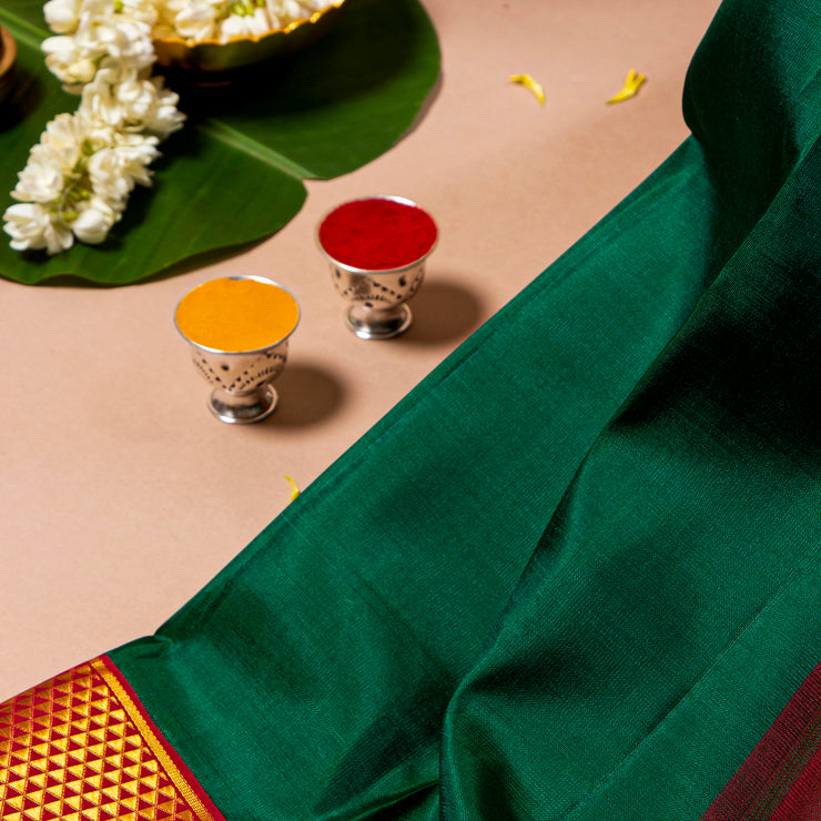 Kuberan Bottle Green With Rose Red 9 Yards Silk Saree