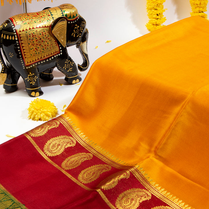 Yellow Orange With dark Red Mysore Silk Saree