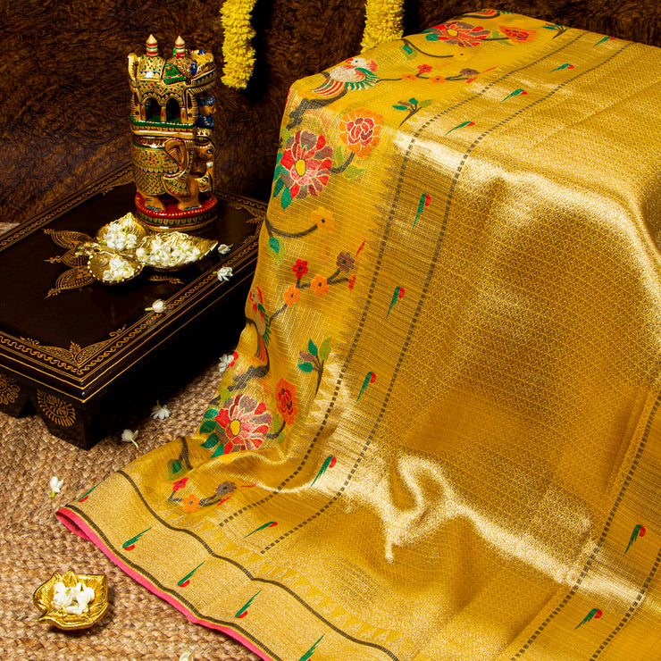 Kuberan Yellow Kora Silk Saree With Paithani Border