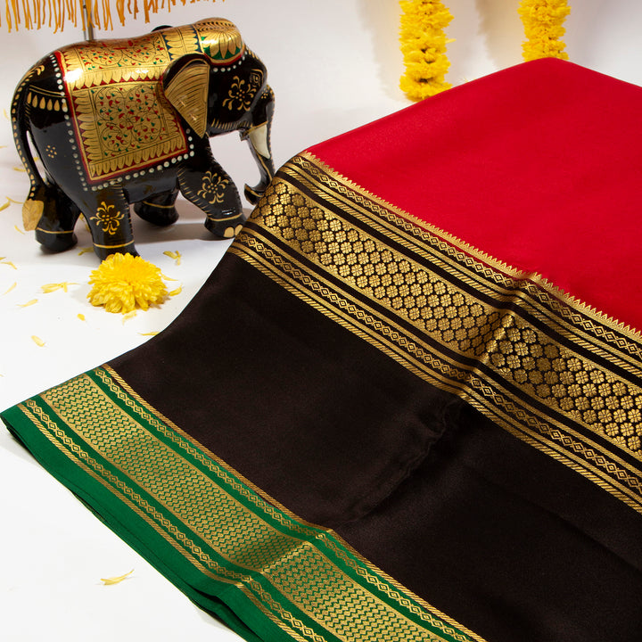 Kuberan Cherry Red With Smoky Black Mysore Silk Saree