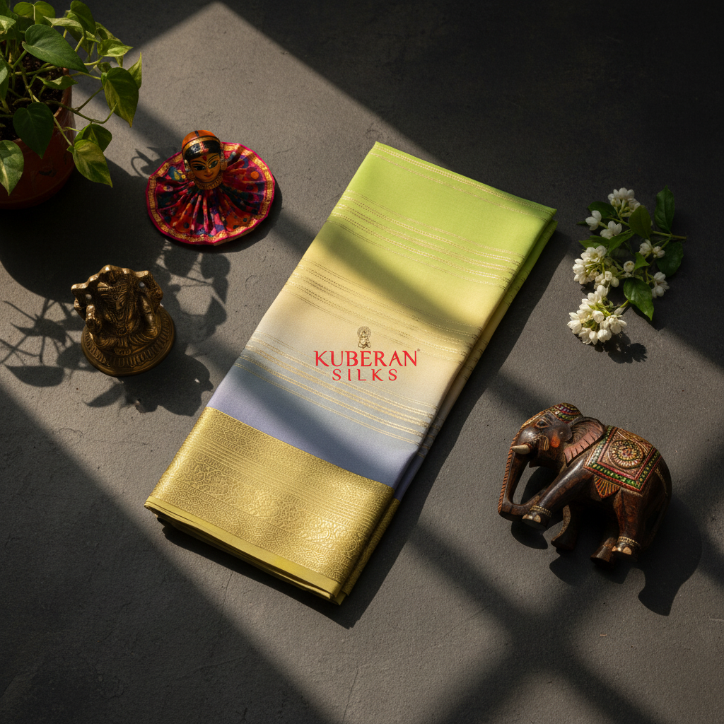 Kuberan Lime to Grey Gradient Mysore Silk Saree.