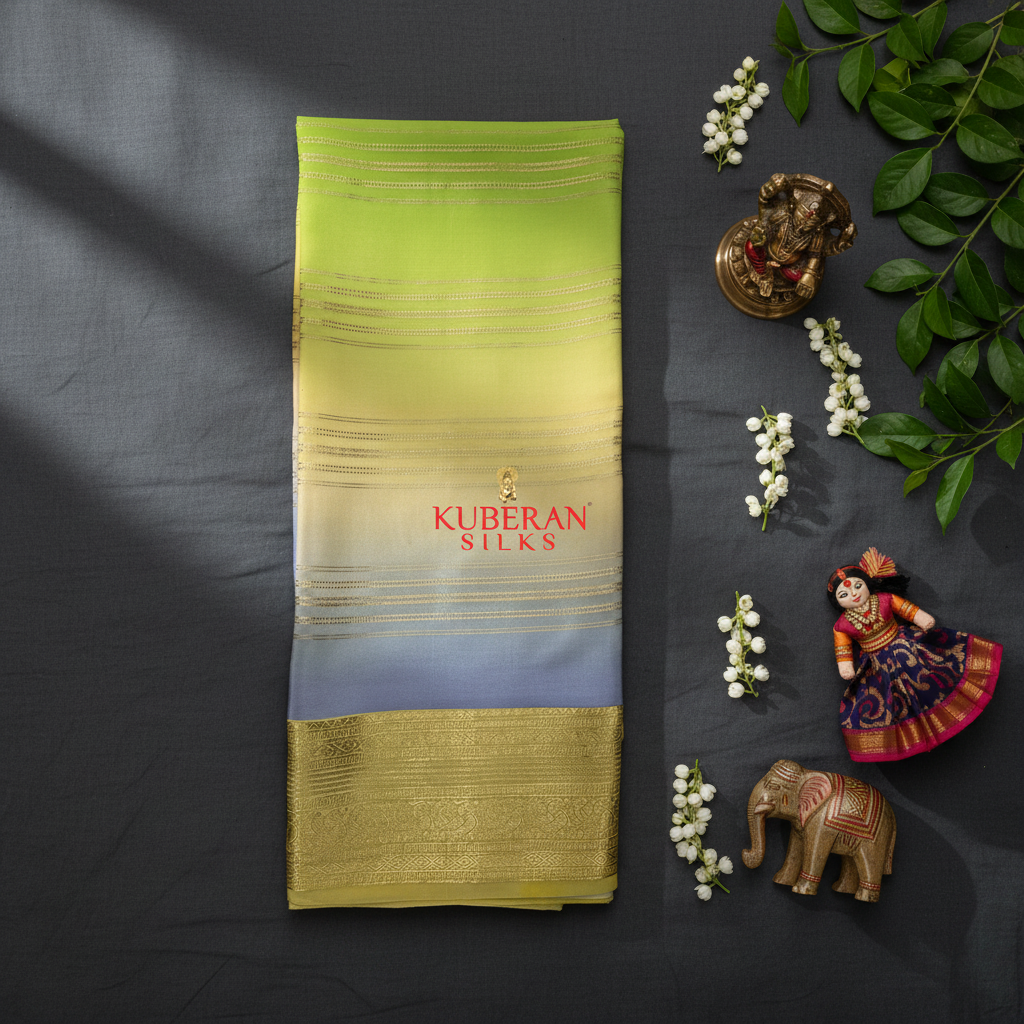 Kuberan Lime to Grey Gradient Mysore Silk Saree.