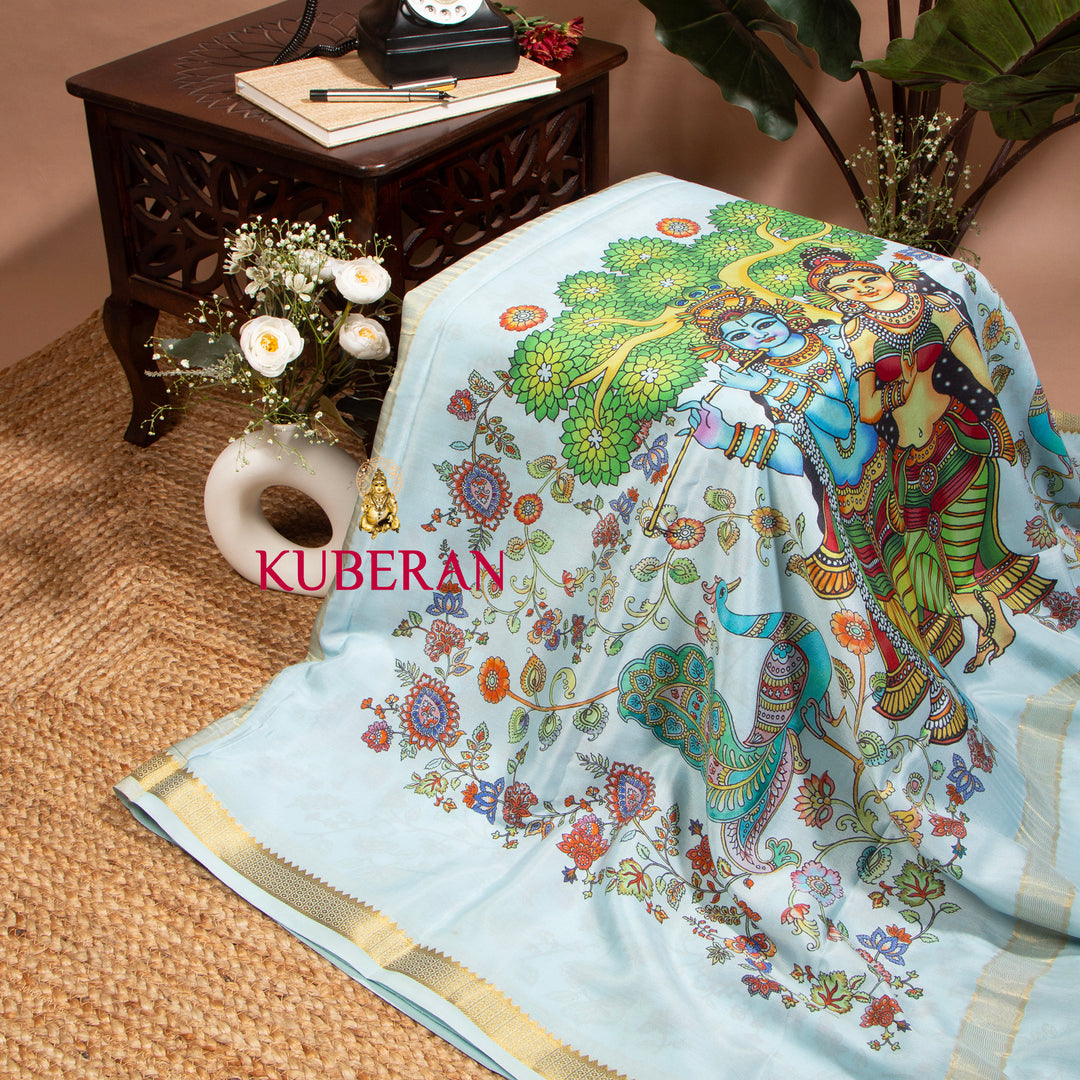 Kuberan Tropical Blue Kalamkari Mysore Silk Saree