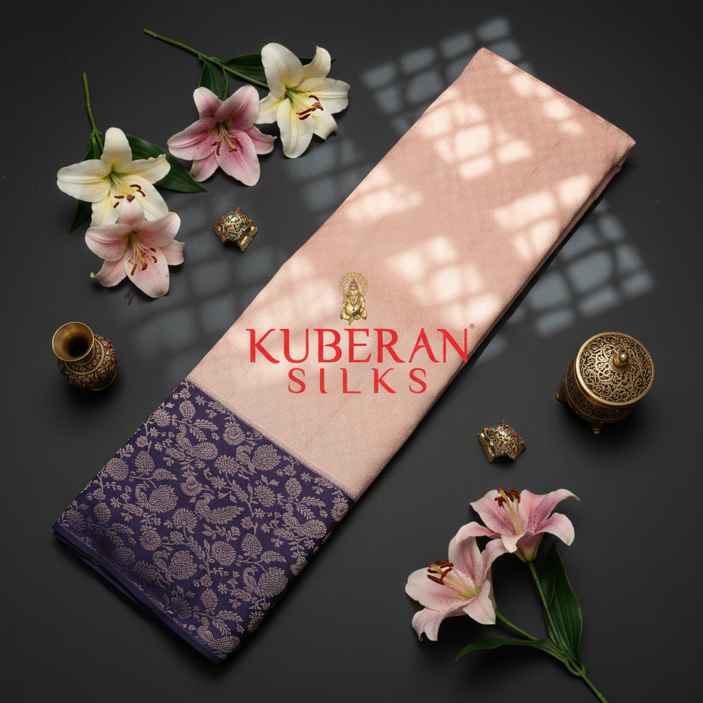 Kuberan Peach Pink and Purple Kanchipuram Silk Saree