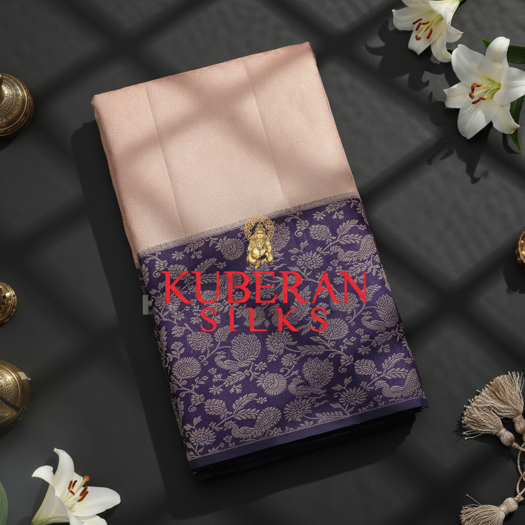 Kuberan Peach Pink and Purple Kanchipuram Silk Saree