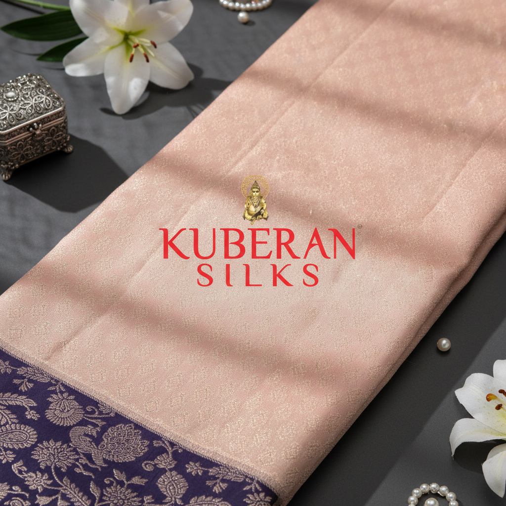 Kuberan Peach Pink and Purple Kanchipuram Silk Saree