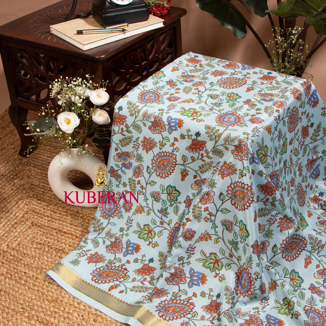 Kuberan Tropical Blue Kalamkari Mysore Silk Saree