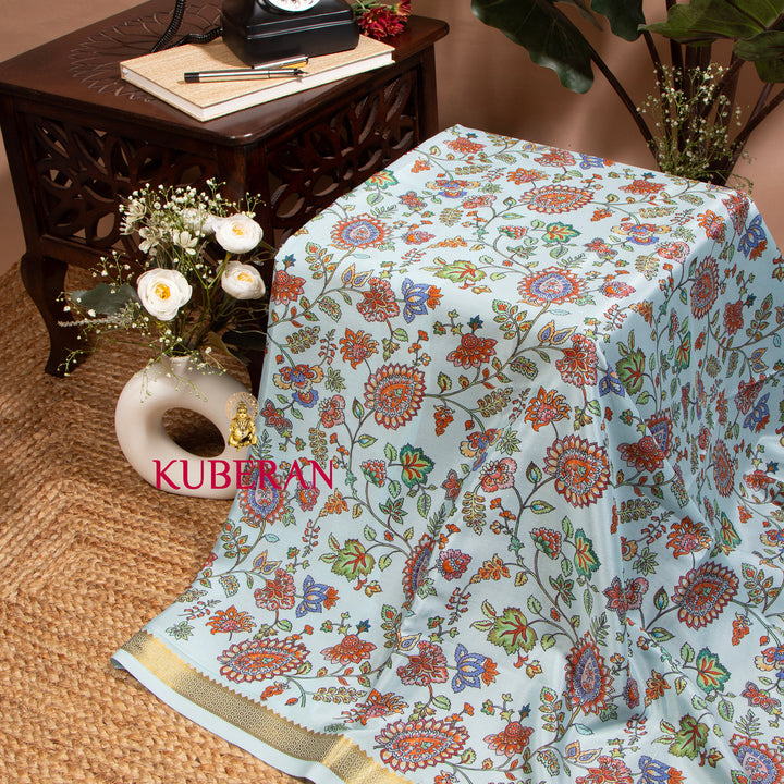 Kuberan Tropical Blue Kalamkari Mysore Silk Saree