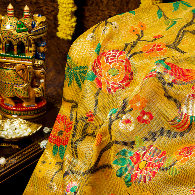 Kuberan Yellow Kora Silk Saree With Paithani Border