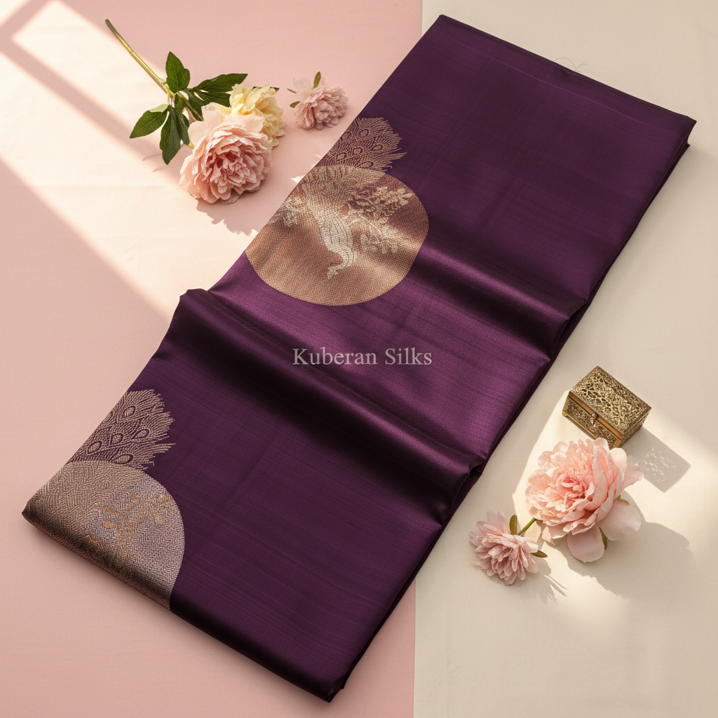 Kuberan Purple Kanchipuram Silk Saree with Silver Peacock Medallions