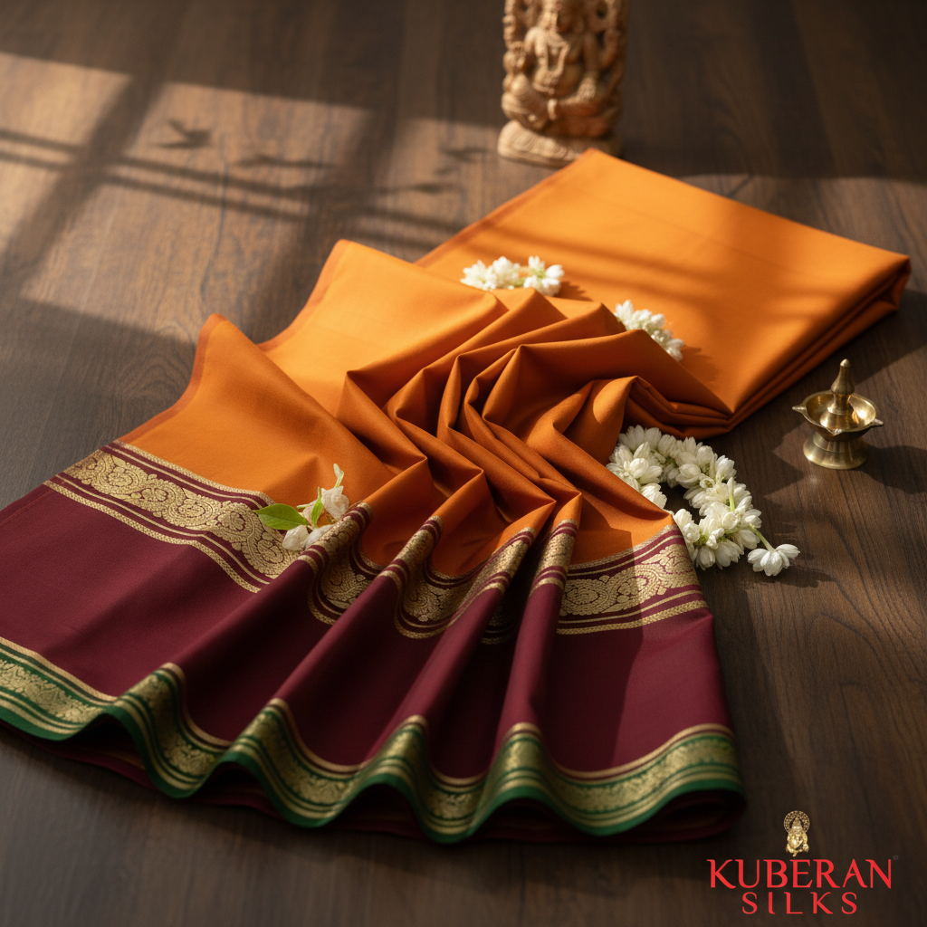 Kuberan Orange and Maroon Mysore Silk Saree