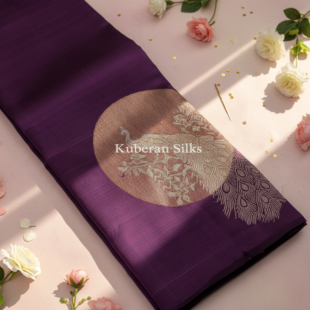 Kuberan Purple Kanchipuram Silk Saree with Silver Peacock Medallions