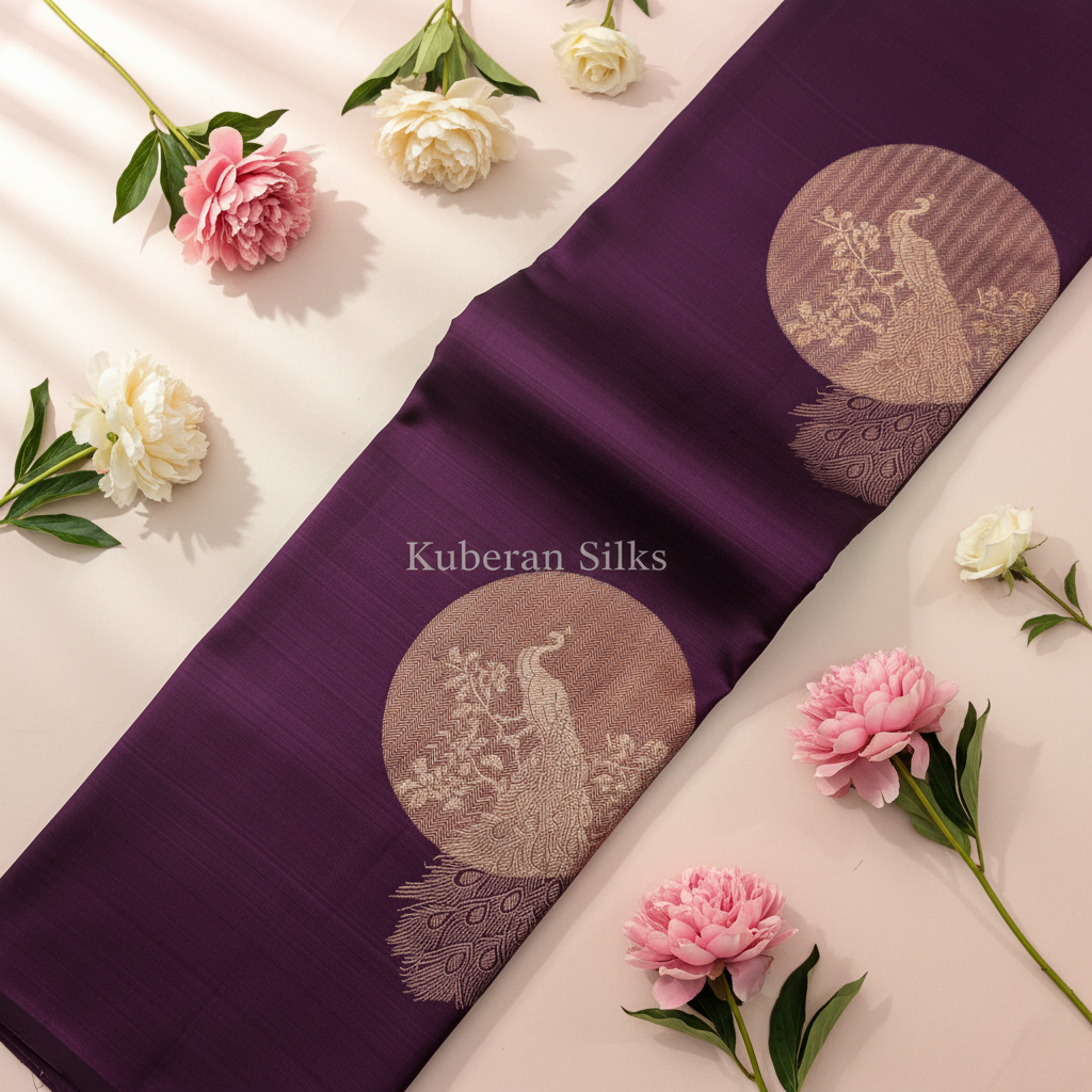 Kuberan Purple Kanchipuram Silk Saree with Silver Peacock Medallions