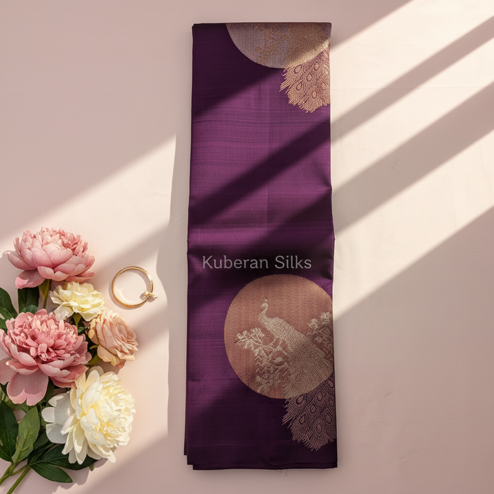 Kuberan Purple Kanchipuram Silk Saree with Silver Peacock Medallions