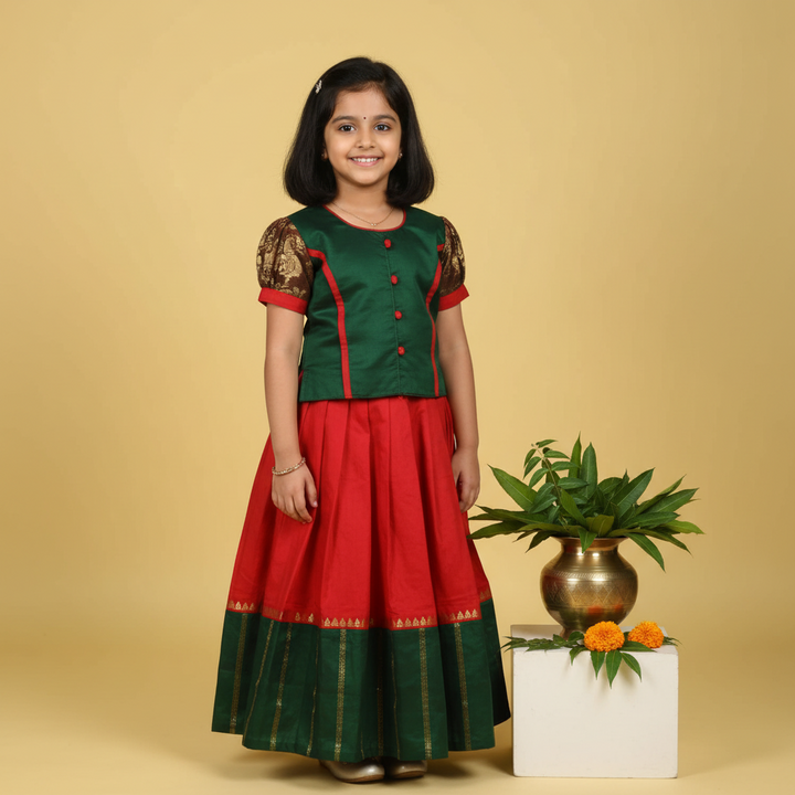 Kuberan Green and Red Readymade Pavada Pure Silk