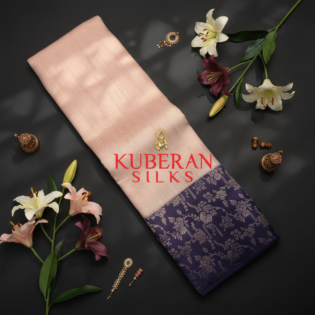 Kuberan Peach Pink and Purple Kanchipuram Silk Saree