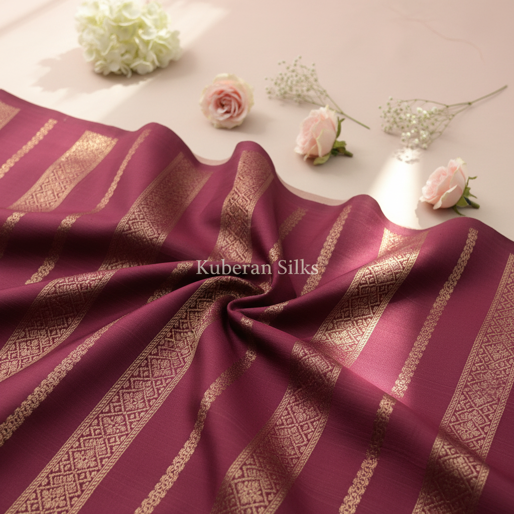 Kuberan Pink Kanchipuram Silk Saree with Gold Zari Stripes