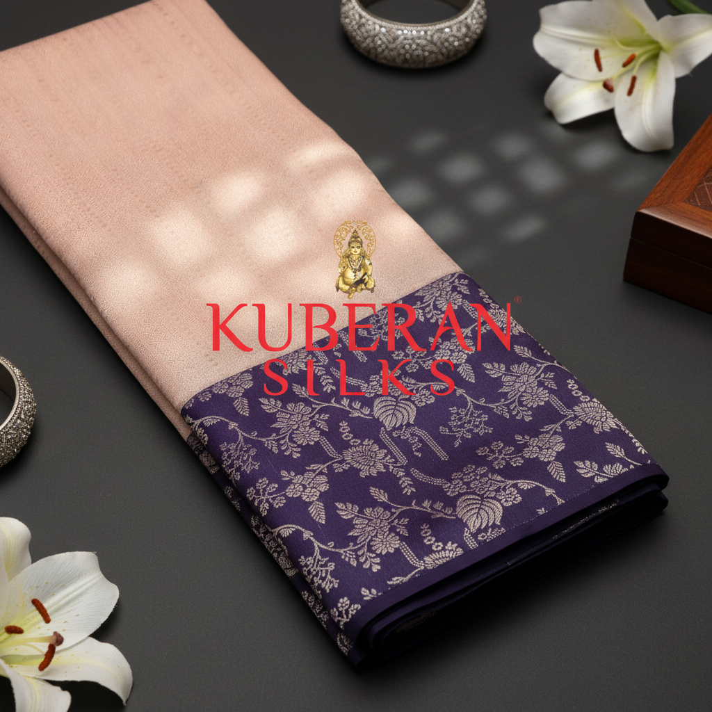 Kuberan Peach Pink and Purple Kanchipuram Silk Saree