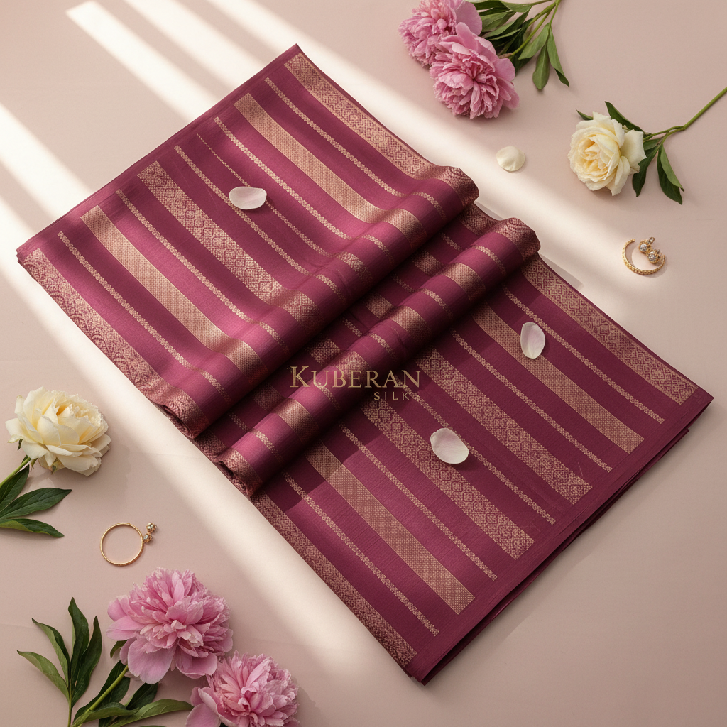 Kuberan Pink Kanchipuram Silk Saree with Gold Zari Stripes