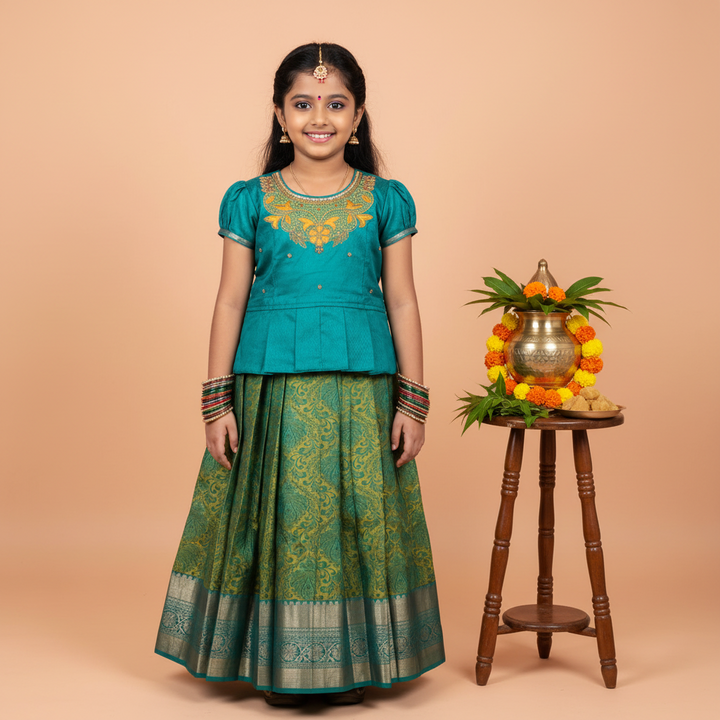 Kuberan Teal and Green Readymade Pavada Pure Silk