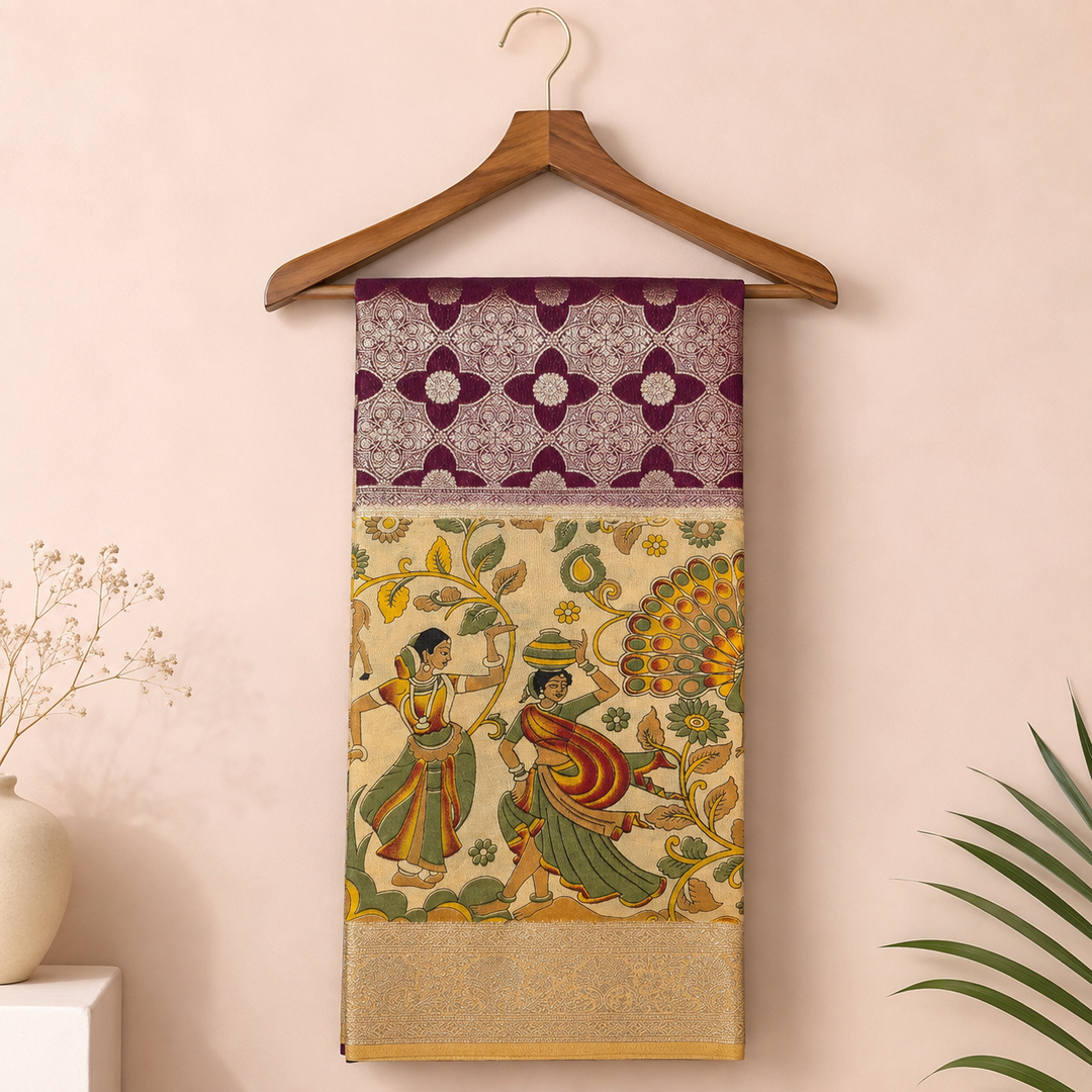 KUBERAN BEIGE MAROON KALAMKARI CHIFFON SAREE