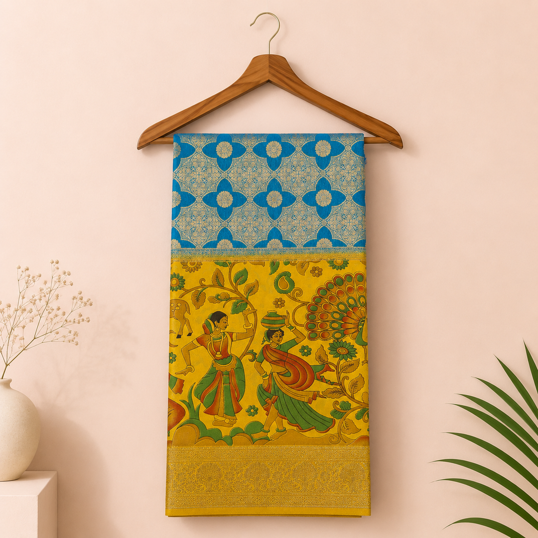 KUBERAN YELLOW BLUE KALAMKARI CHIFFON SAREE