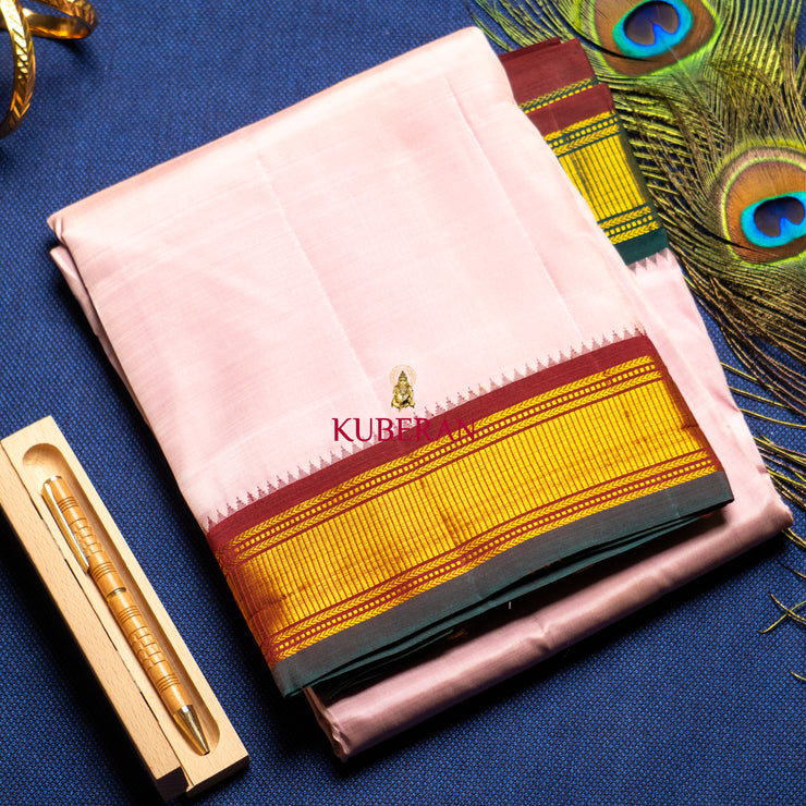 kuberan pink with green and maroon pure silk dhoti