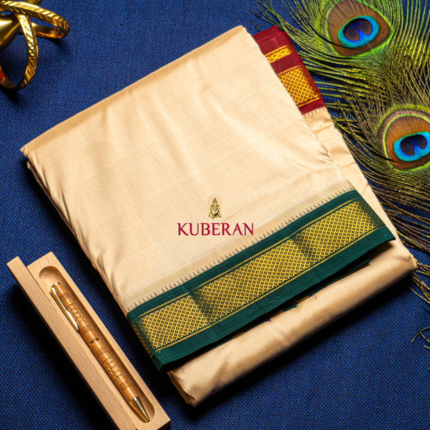 kuberan beige with Green & Red Border pure silk dhoti