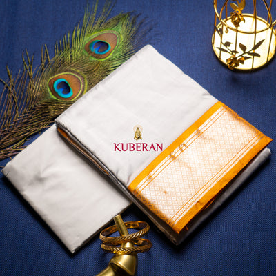 KUBERAN SILVER WITH GOLDEN GOMETRIC BORDER PURE SILK DHOTI