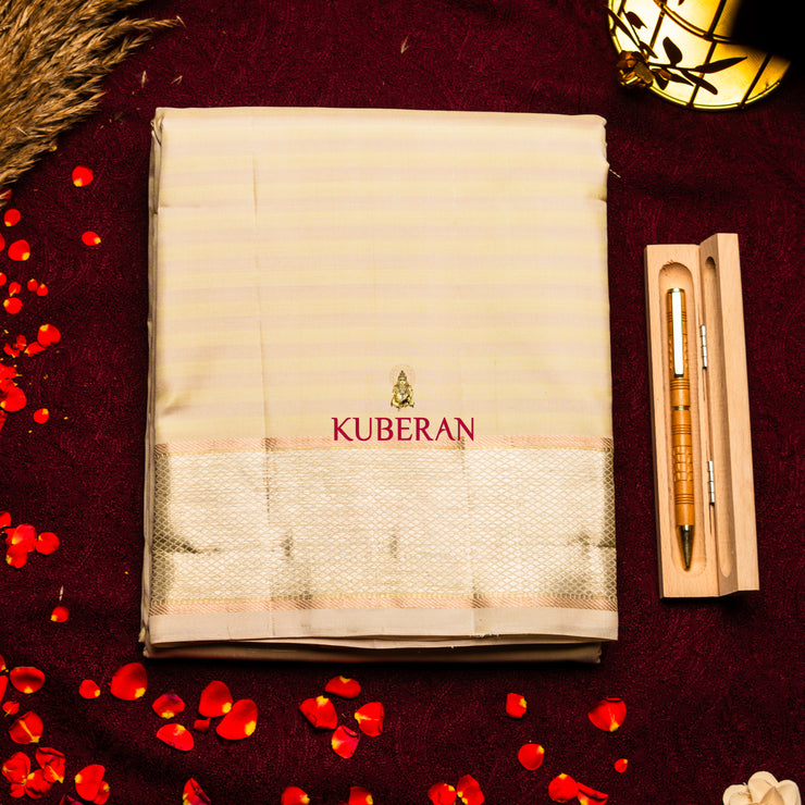 Kuberan PEACH WITH SILVER AND ROSE GOLD BORDER Pure Silk Dhoti