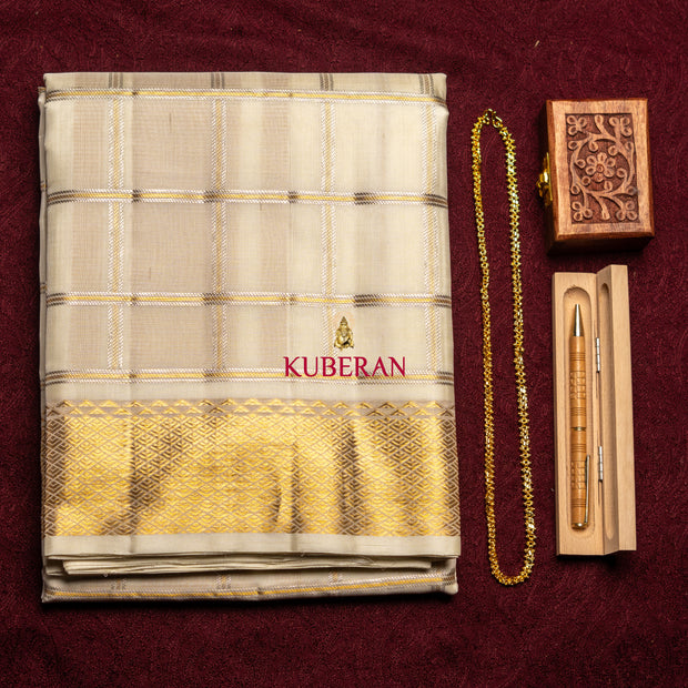 Kuberan CREAM  WITH GOLD AND SILVER checks design Pure Silk Dhoti