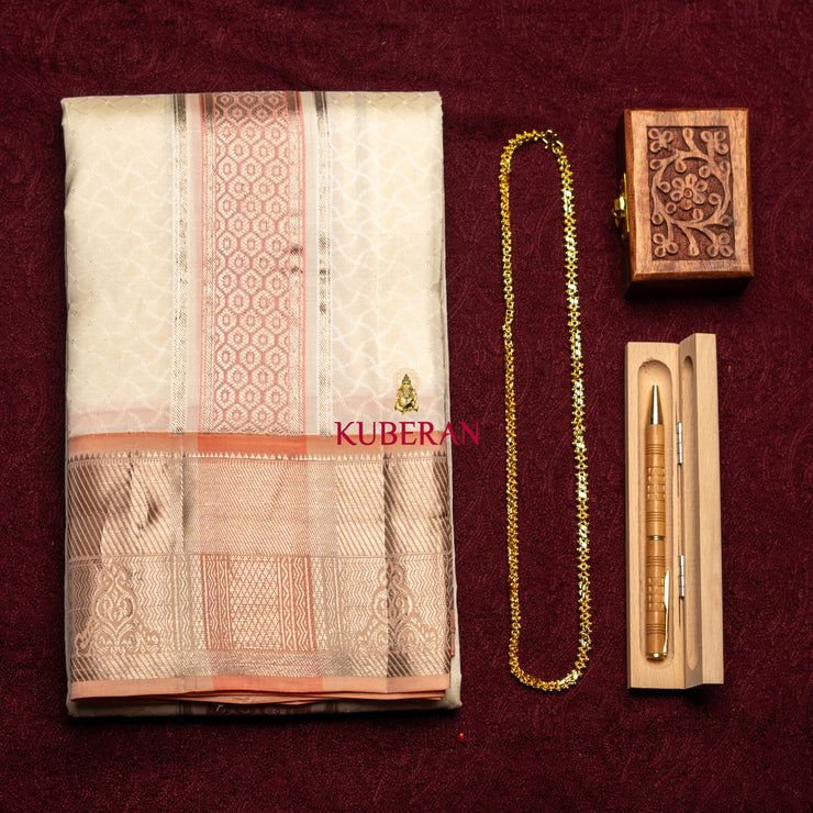 Kuberan off white PINK  WITH SILVER BORDER Pure Silk Dhoti