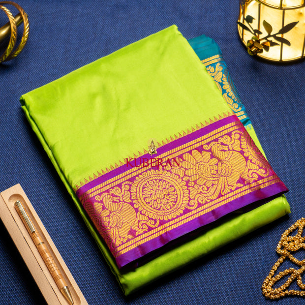 KUBERAN GREEN WITH PURPLE AND BLUE PURE SILK DHOTI