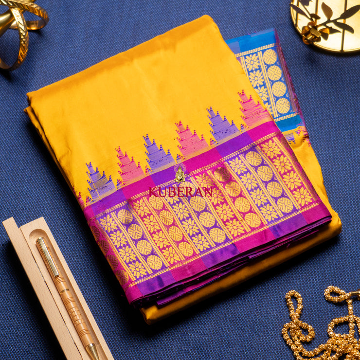 KUBERAN MUSTARD YELLOW WITH PURPLE AND BLUE BORDER PURE SILK DHOTI