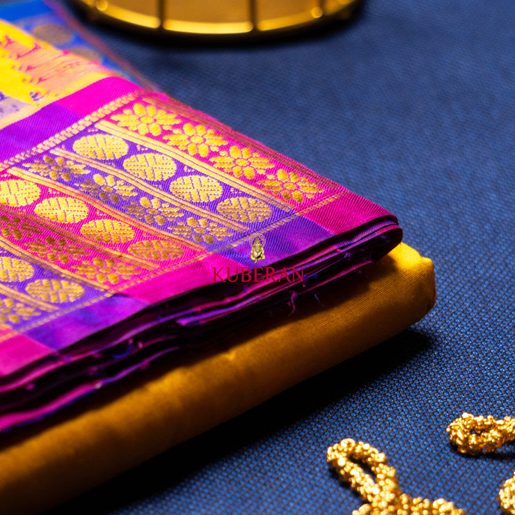 KUBERAN MUSTARD YELLOW WITH PURPLE AND BLUE BORDER PURE SILK DHOTI