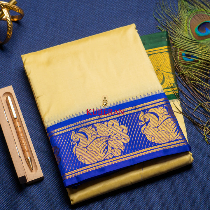 Kuberan sandalwood color WITH BLUE GOLD ZARI BORDER Pure Silk Dhoti
