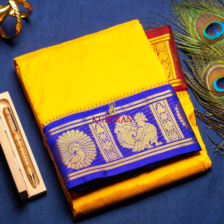 yellow with Blue and red Border pure silk dhoti