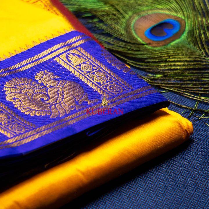 yellow with Blue and red Border pure silk dhoti