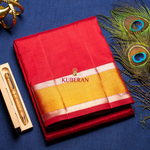 kuberan red Pure Silk Dhoti with gold and silver zari border