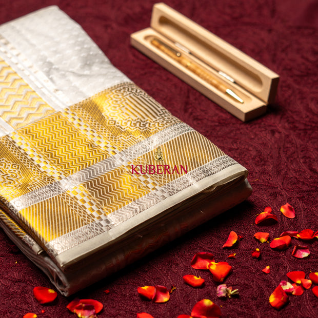 Kuberan SILVER WITH GOLD BORDER  Pure Silk Dhoti