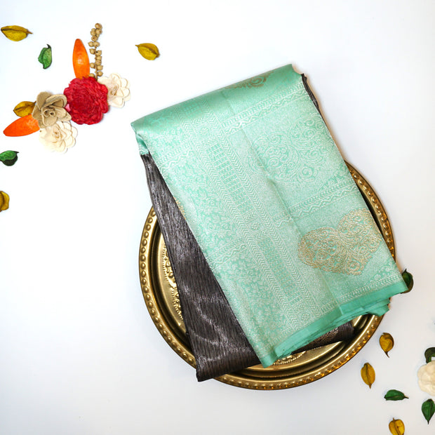 KUBERAN BLACK WITH TORQUOISE BLUE BORDER KANCHIPURAM SAREE