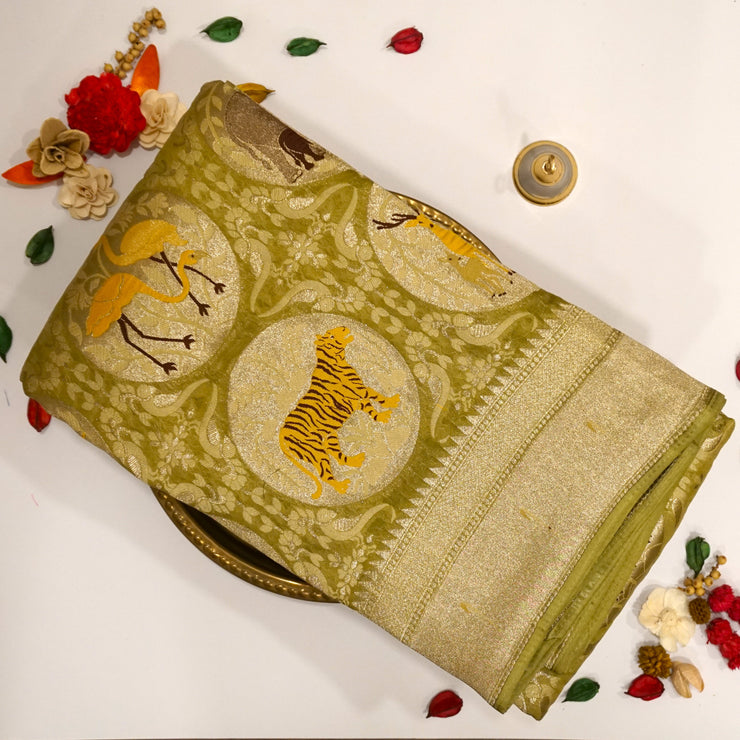 KUBERAN GREEN  BANARAS SATIN SAREE.