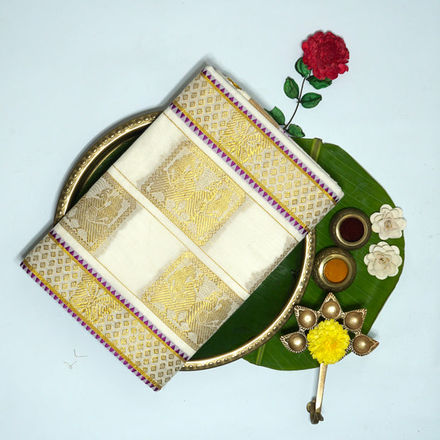 Kuberan White Kerala Kasavu Saree