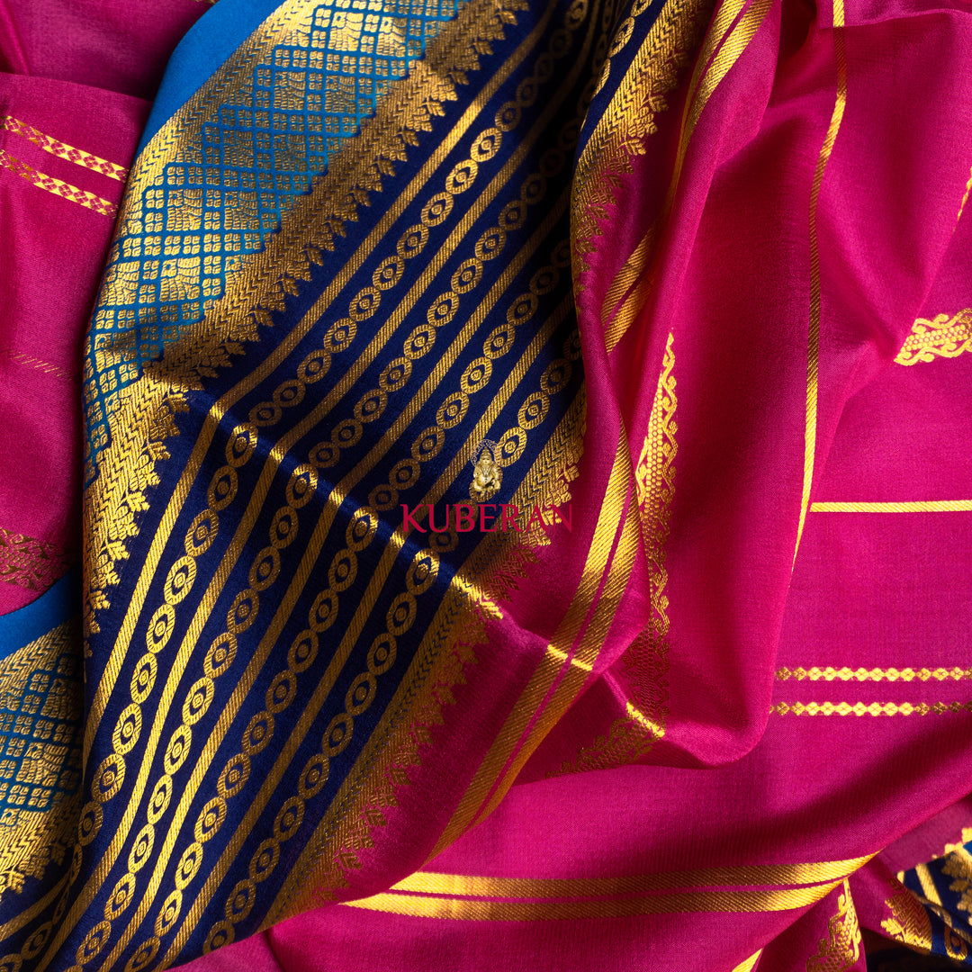 kuberan pink with royal blue border mysore silk saree