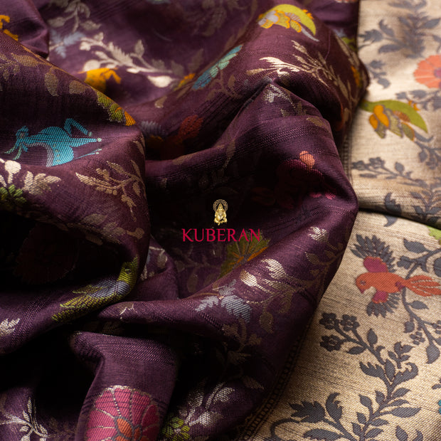 kuberan purple with silver border mysore silk saree