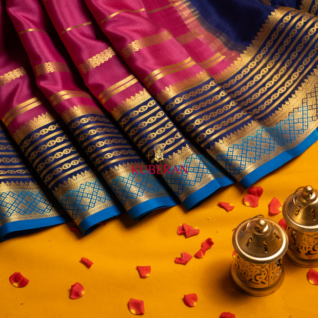 kuberan pink with royal blue border mysore silk saree